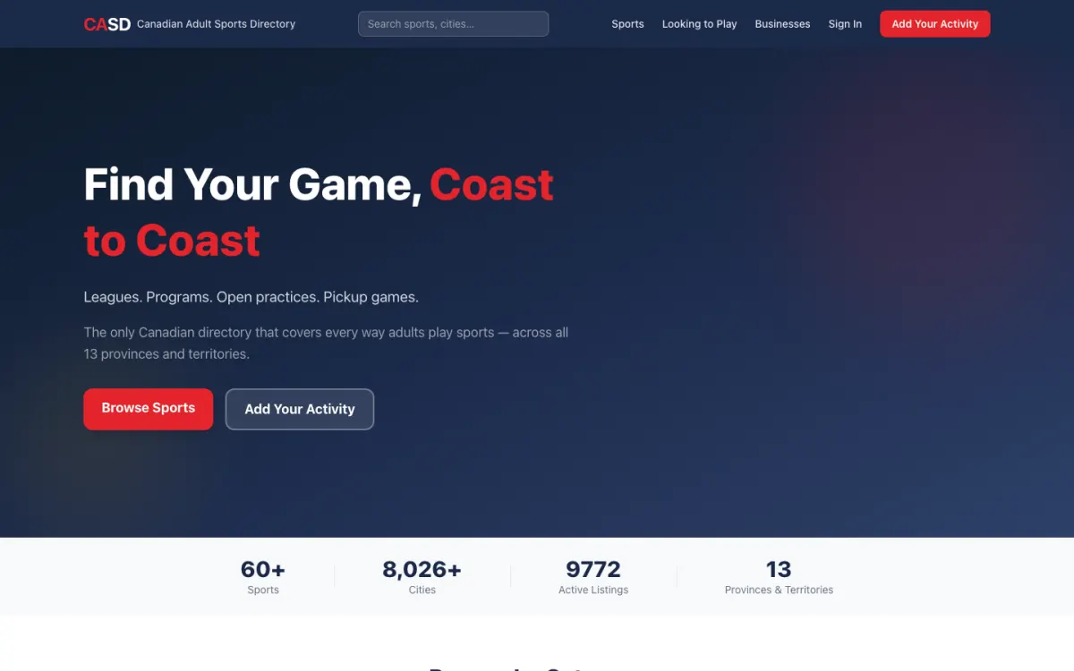 Canadian Adult Sports Directory homepage
